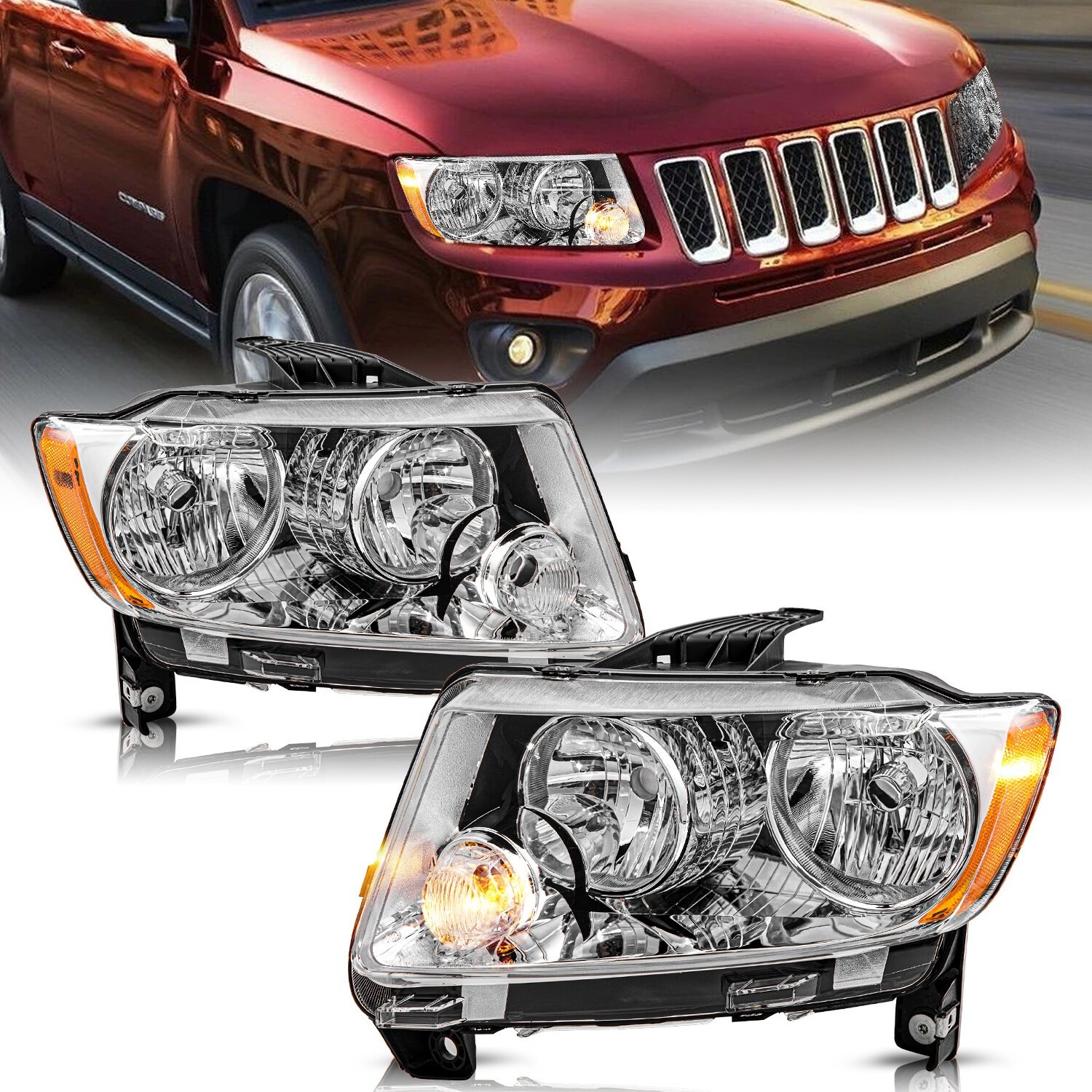 Halogen Left+Right For 11-13 Jeep Grand Cherokee 11-17 Compass Headlight Chrome Halogen Left+Right For 11-13 Jeep Grand Cherokee 11-17 Compass Headlight Chrome
