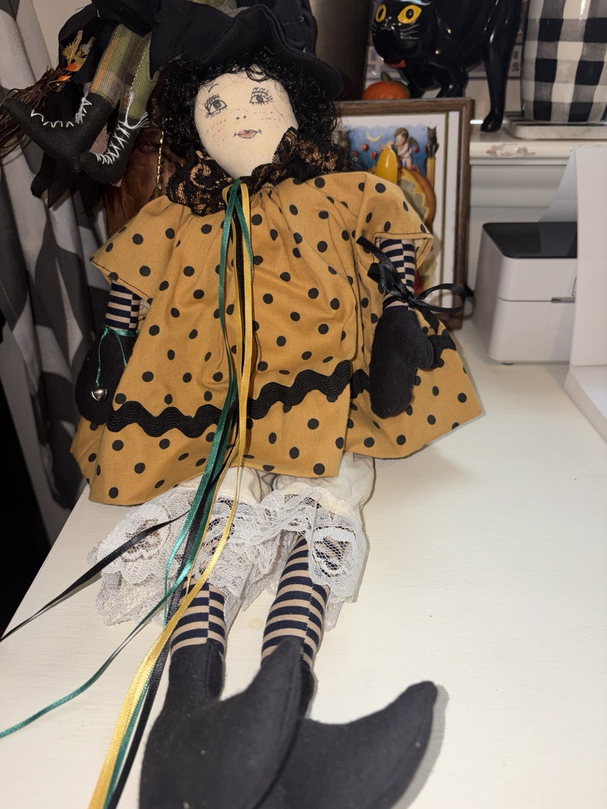 Vintage Handmade Halloween Witch Doll Folk Art Cloth Primitive Decor Bells