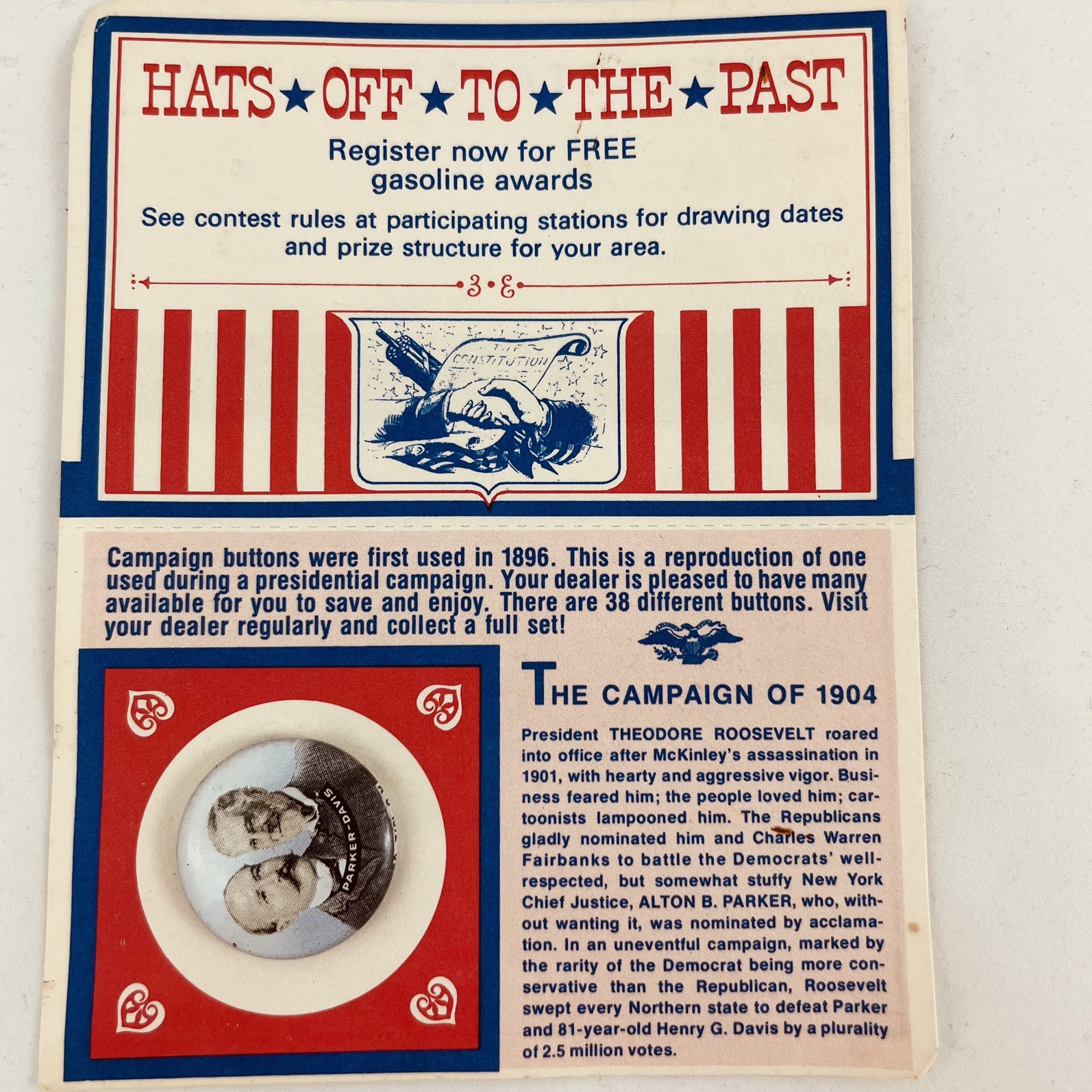 VTG 1972 AMOCO SWEEPSTAKES CARD & REPROD CAMPAIGN PIN 1904 ALTON B PARKER VTG 1972 AMOCO SWEEPSTAKES CARD & REPROD CAMPAIGN PIN 1904 ALTON B PARKER