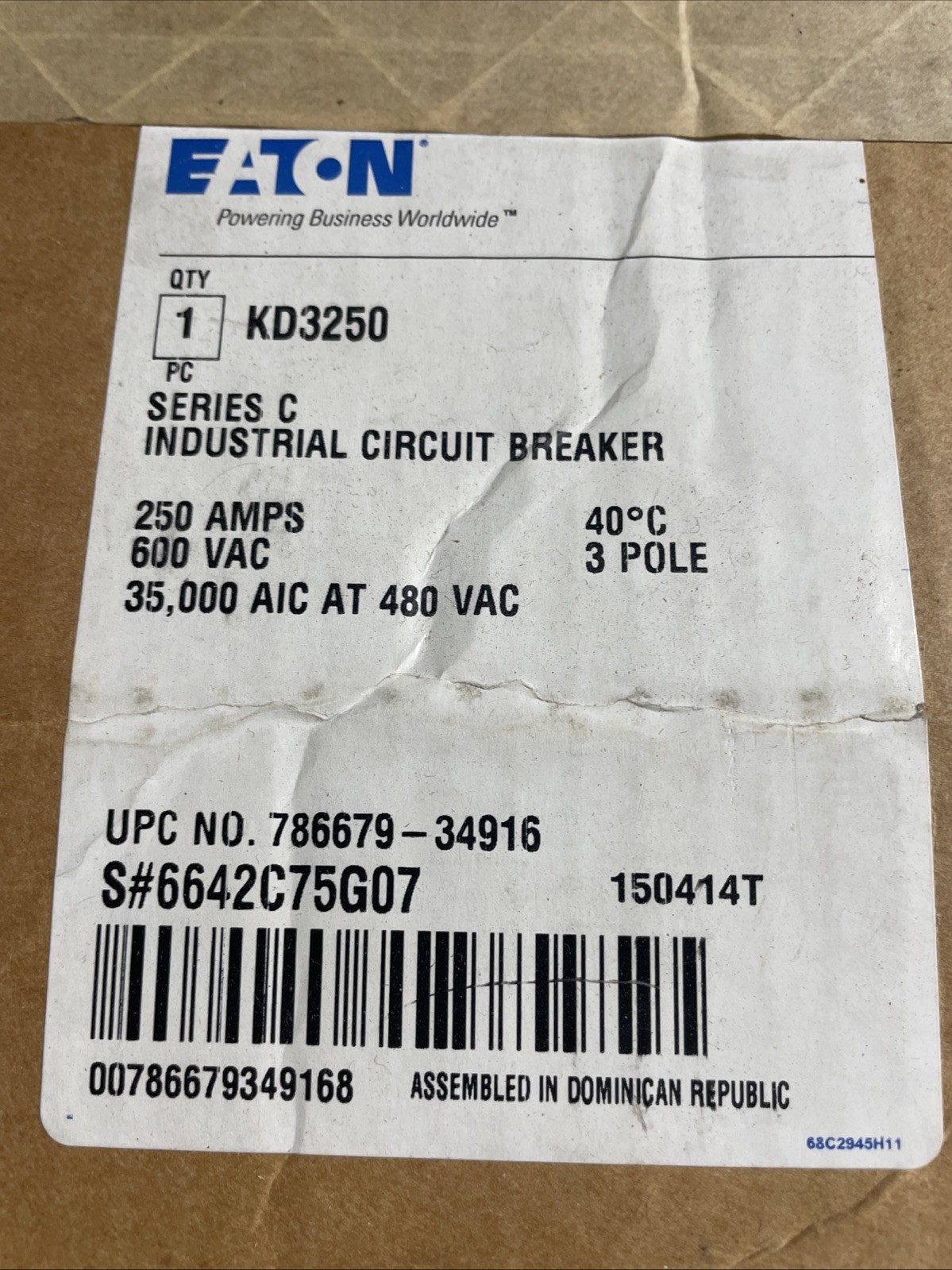 Eaton KD3250 3 Pole 250 Amp Circuit Breaker Cutler Hammer 600V 250A 3P — NEW Eaton KD3250 3 Pole 250 Amp Circuit Breaker Cutler Hammer 600V 250A 3P — NEW