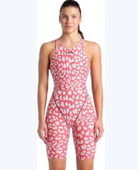 Arena Powerskin ST Next in red geranium and cream leopard prin Size 28
