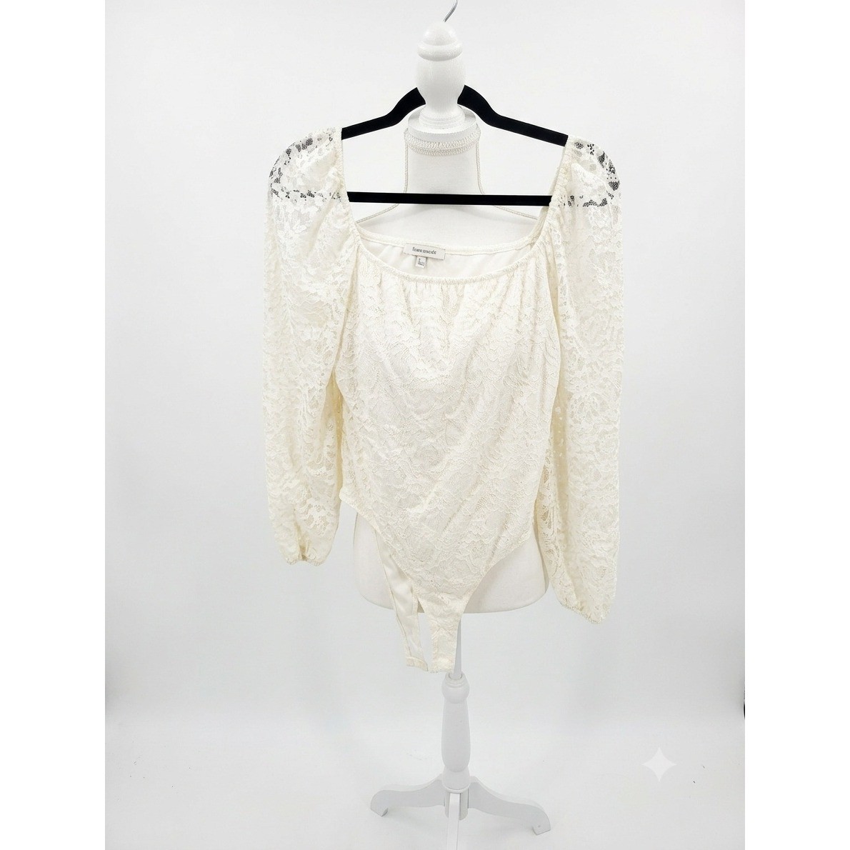 Francesca\'s Ivory Lace Square Neck Puff Sleeve Bodysuit 11CR853ZED Size L
