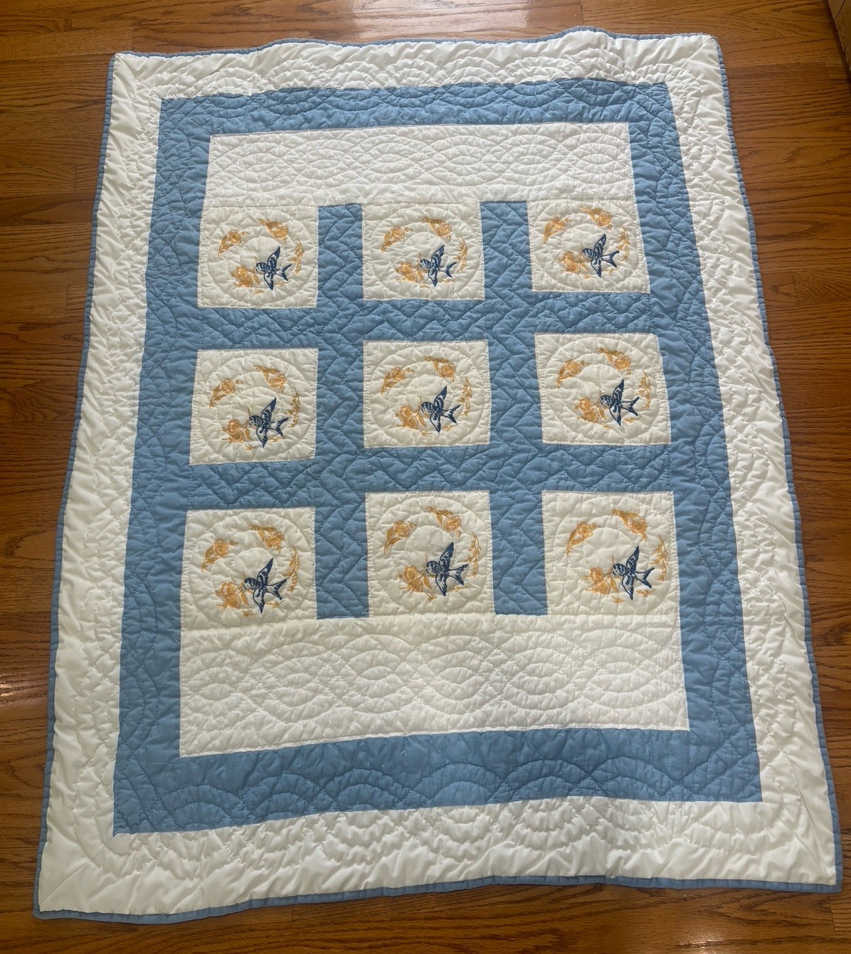 Hand Quilted Bluebird Blanket Throw Quilt Wall Hanging Embroidered 43x53 Blue Hand Quilted Bluebird Blanket Throw Quilt Wall Hanging Embroidered 43x53 Blue