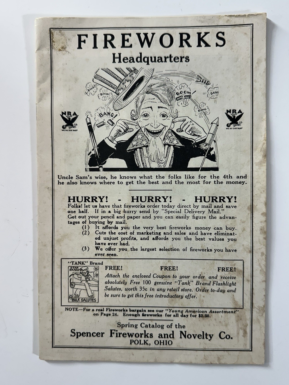 1934 Spencer Fireworks Catalog Polk Ohio NRA Uncle Sam Vintage Ephemera RARE