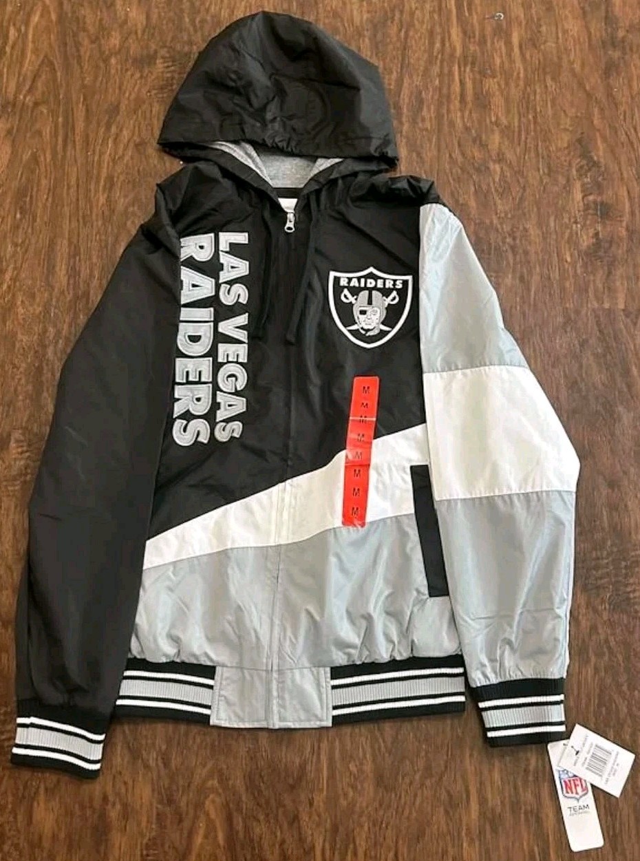 NFL Las Vegas Raiders NWT Men Windbreaker Jacket Full Zip Black Grey Large NFL Las Vegas Raiders NWT Men Windbreaker Jacket Full Zip Black Grey Large