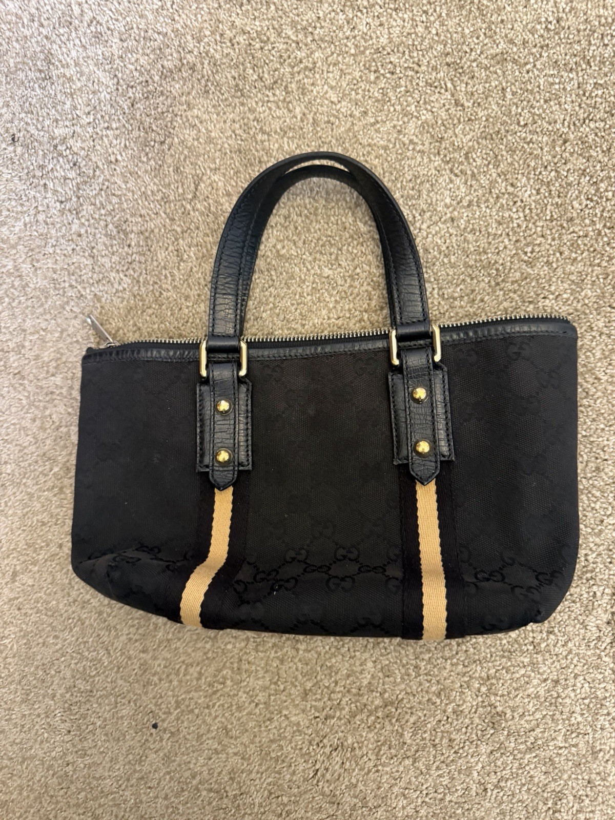 Gucci Black GG Top Handle Bag Zip Closure Gold Hardware Inner Pockets Gucci Black GG Top Handle Bag Zip Closure Gold Hardware Inner Pockets