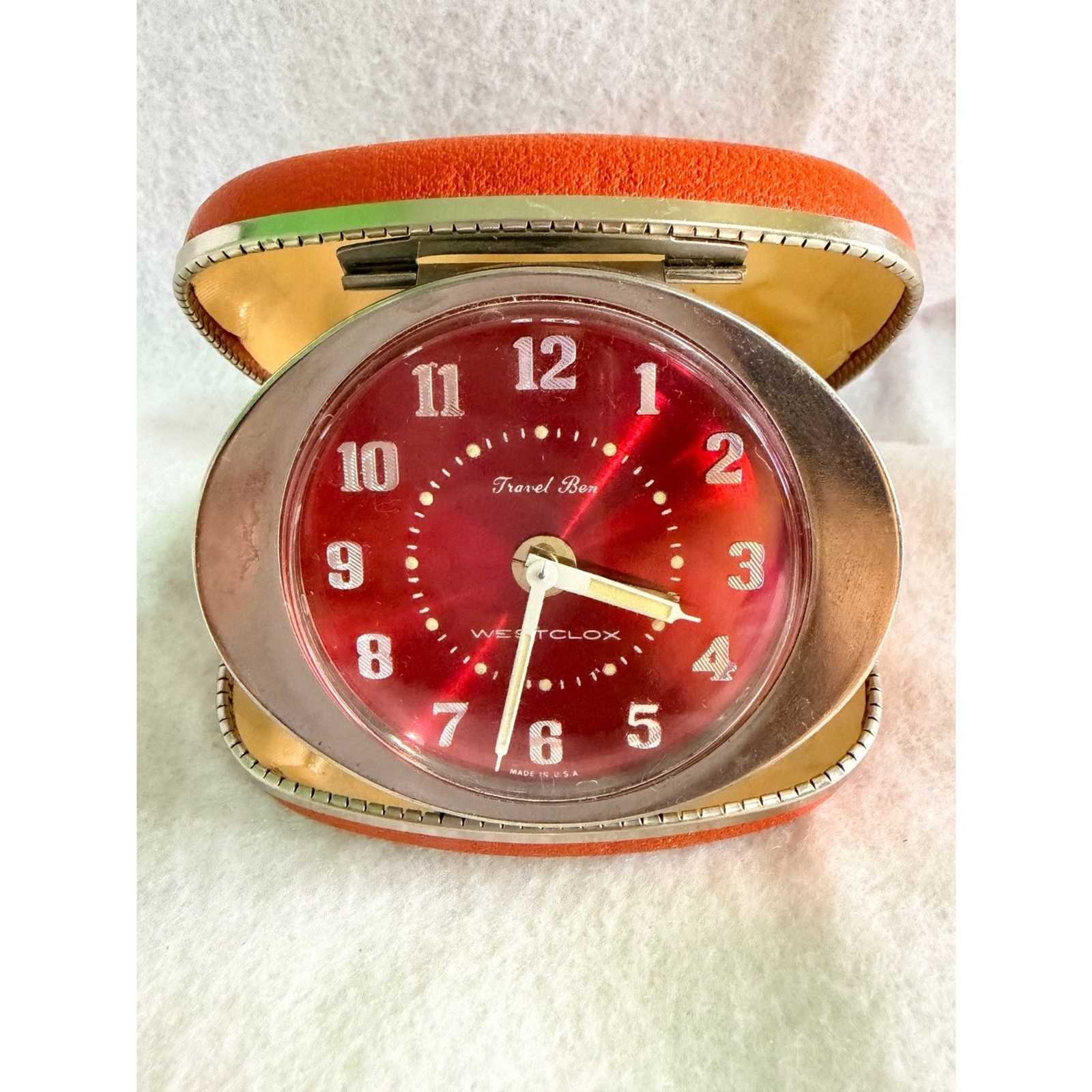 Vintage Westclox Travel Ben Alarm Clock Red Face, Folding Case Mid Century WORKS