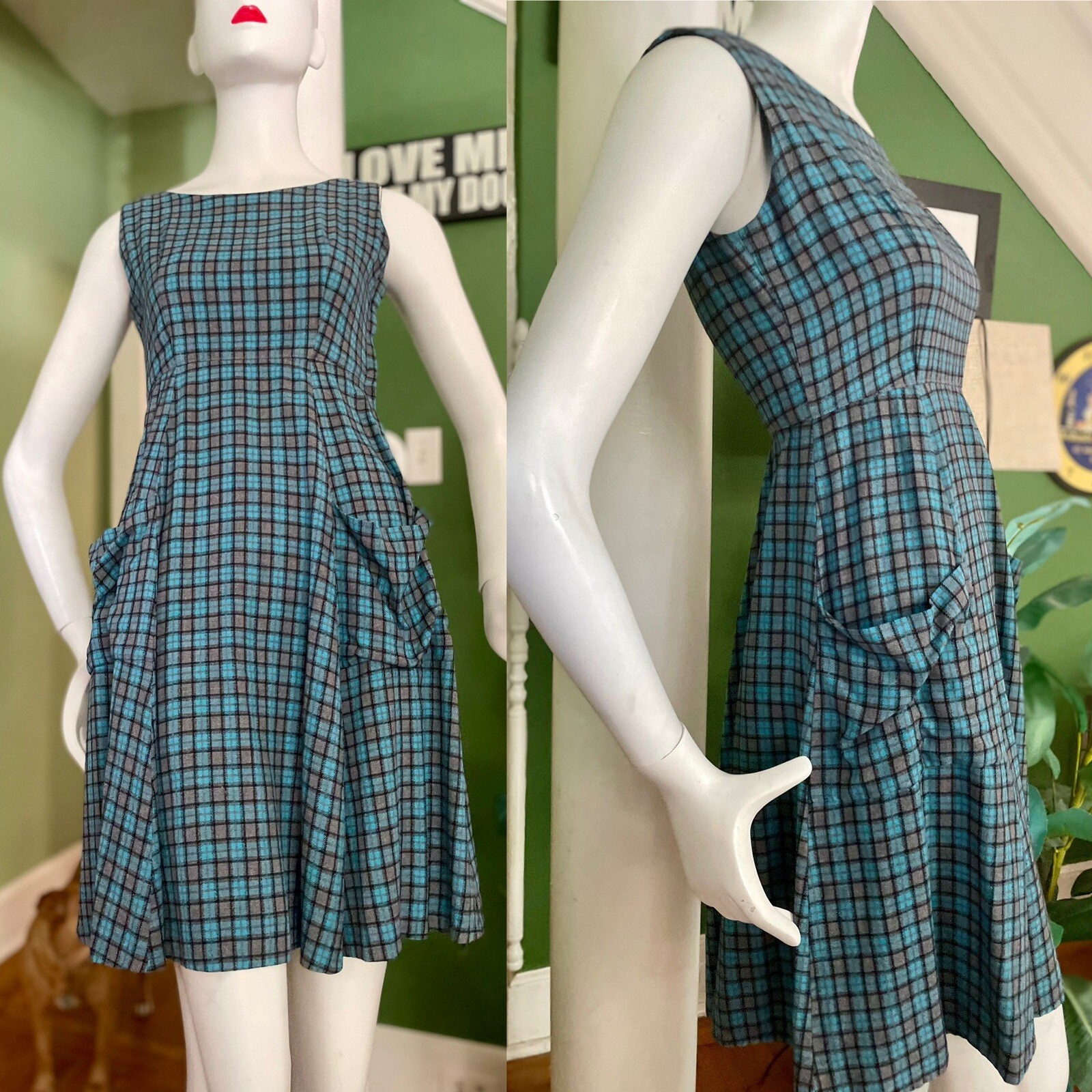 Vtg 50s 40s Cotton Plaid Checked Rockabilly Fall Day Dress 34/24  S ❤️