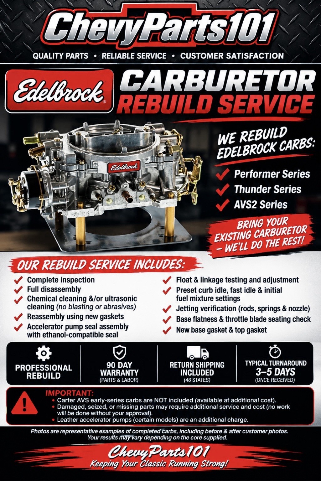 Carburetor rebuild service  Edelbrock /  Carter Competition series