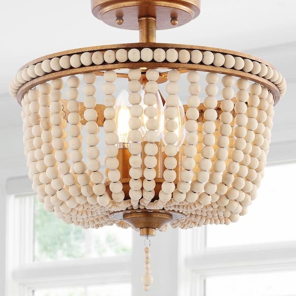 JONATHAN Y Allie 14 in. Wood Beaded/Metal LED Flush Mount, Black /-Light Taupe JONATHAN Y Allie 14 in. Wood Beaded/Metal LED Flush Mount, Black /-Light Taupe
