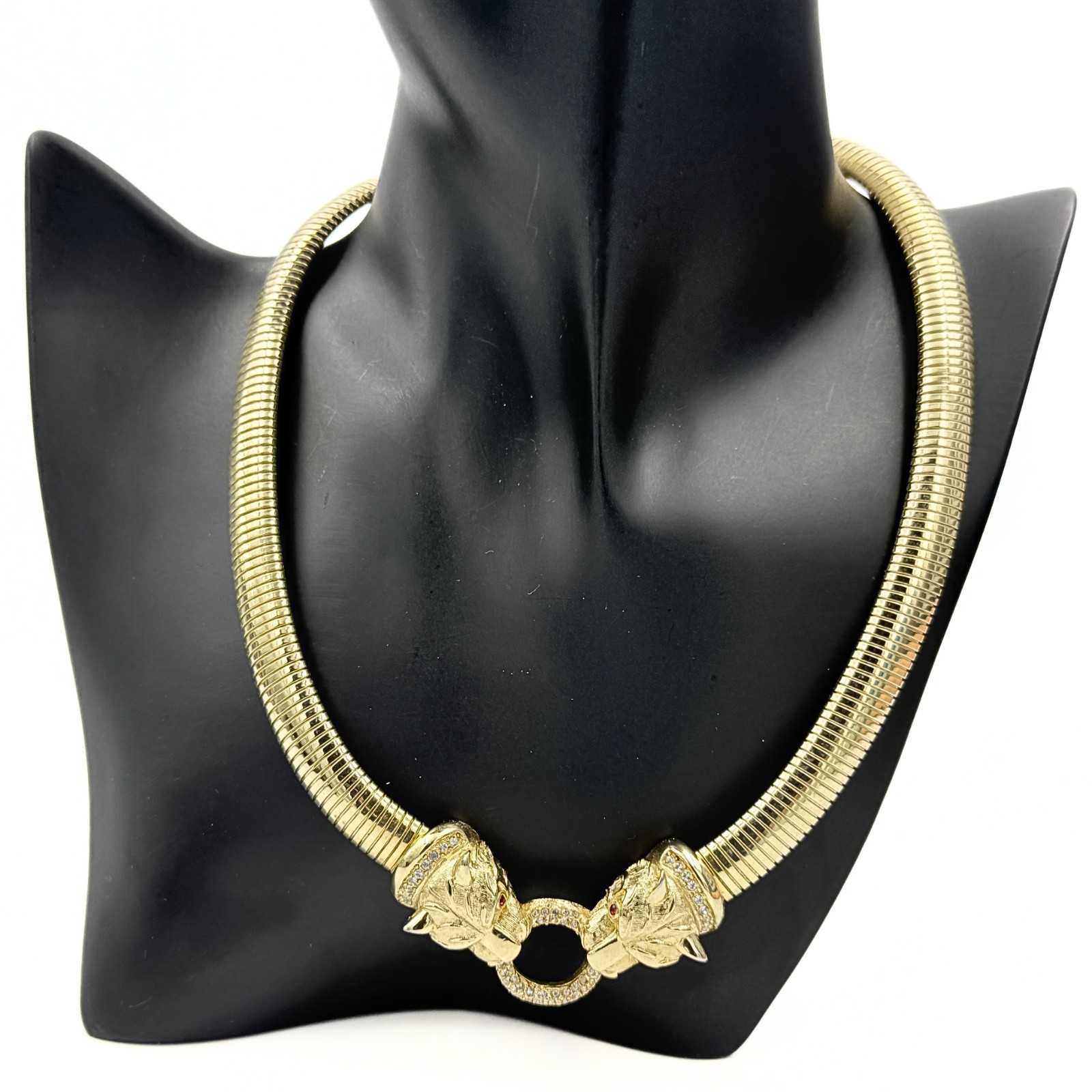 Stunning High End Gold Plated Dual Panther Rhinestones Collar Omega Necklace
