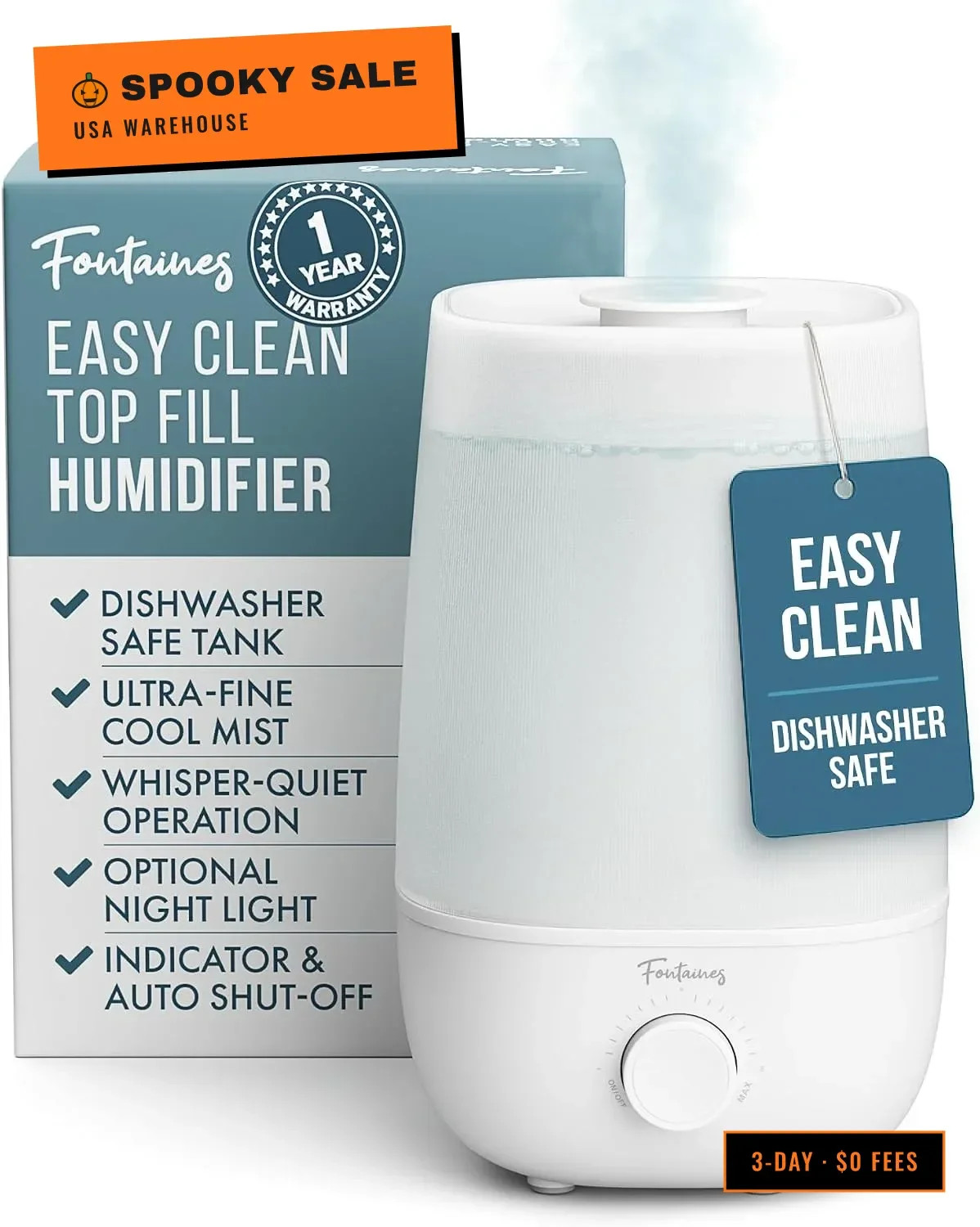 Fontaines Luxury Top-Fill Cool Mist Humidifier - 360° Ultra-Fine Spray, Whisper-