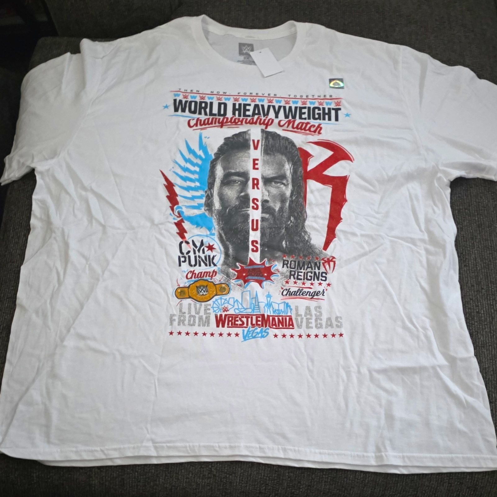 WWE WrestleMania Vegas CM Punk vs Roman Reigns T-Shirt White 3X Licensed WWE WrestleMania Vegas CM Punk vs Roman Reigns T-Shirt White 3X Licensed