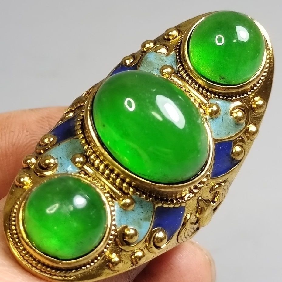Antique Jade Ring Triple Eye Inlay Old Jadeite Gemstone Size 20mm Vintage Style Antique Jade Ring Triple Eye Inlay Old Jadeite Gemstone Size 20mm Vintage Style