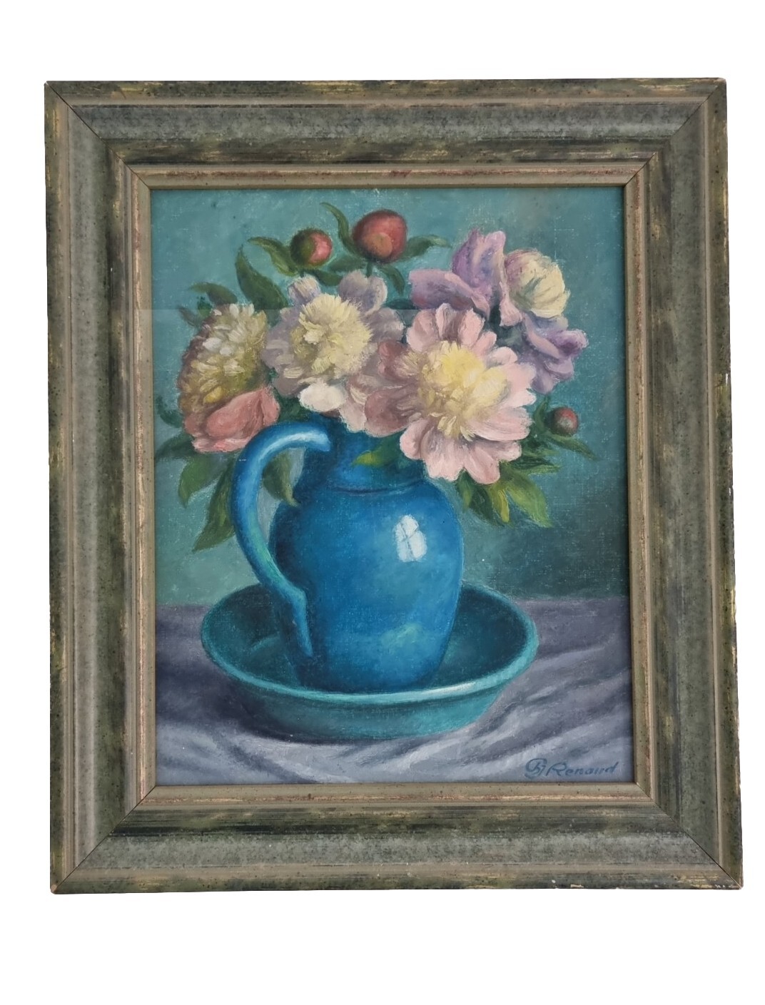 Antique Oil Painting On Canvas Flowers Signed Charles Jean Renaud