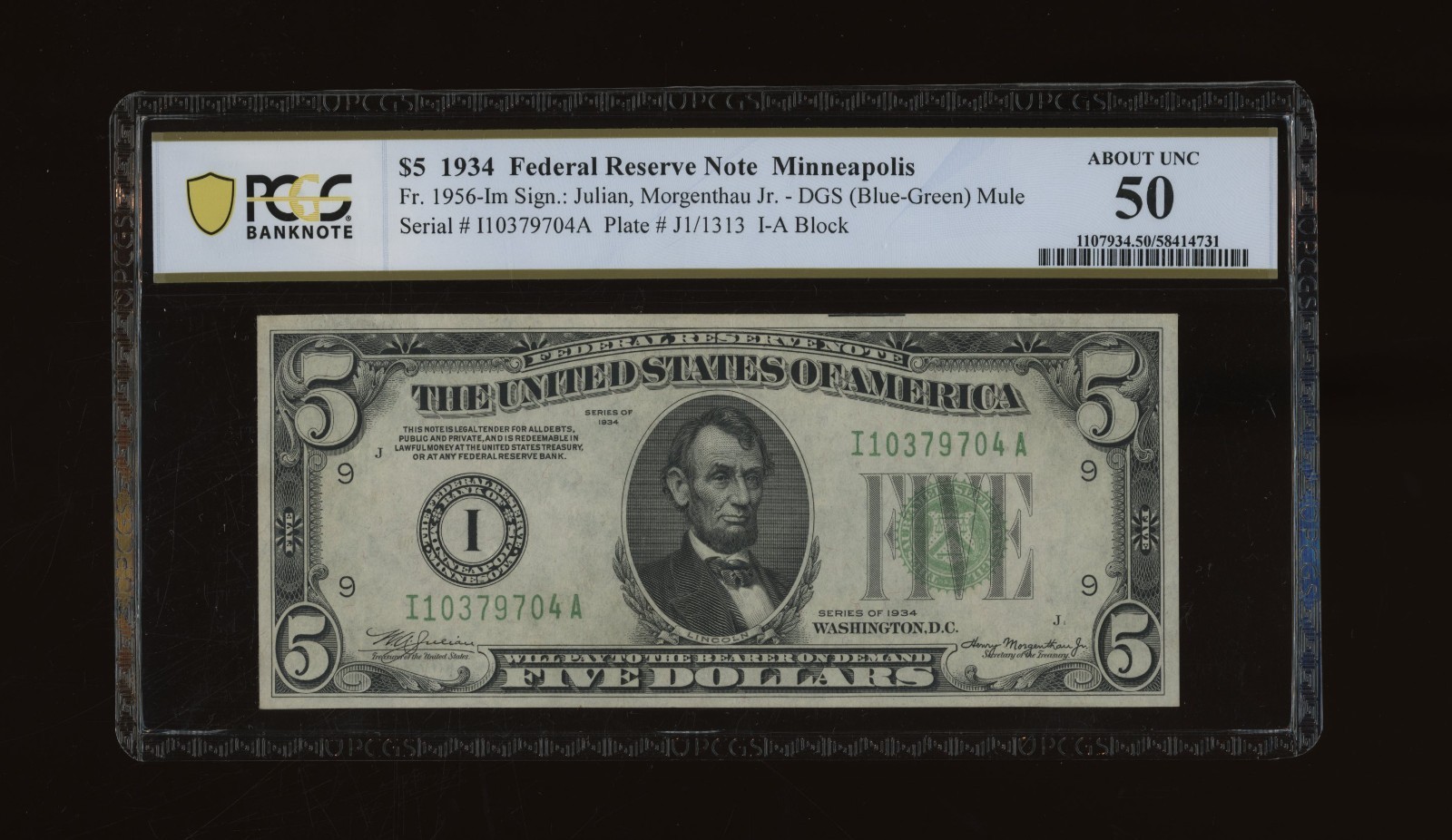 DBR 1934 $5 FRN DGS Mule Minneapolis Fr. 1956-Idgsm PCGS-B 45 PPQ Ser I10379704A