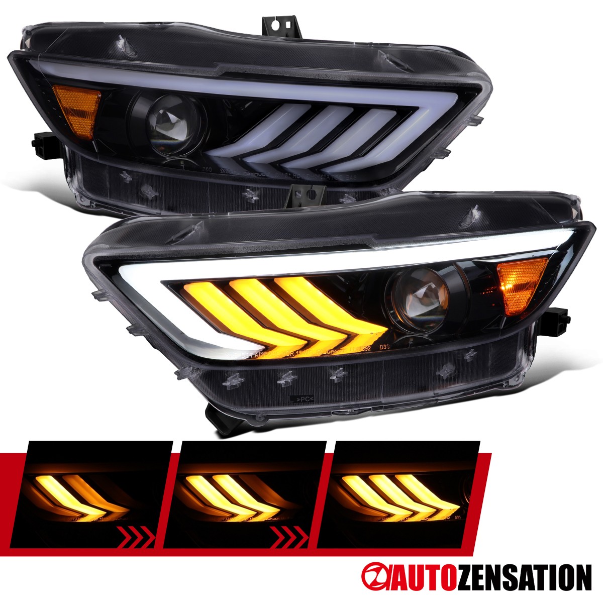 Fit 2015-2017 Ford Mustang Smoke HID Projector Headlights LED Sequential Signal Fit 2015-2017 Ford Mustang Smoke HID Projector Headlights LED Sequential Signal