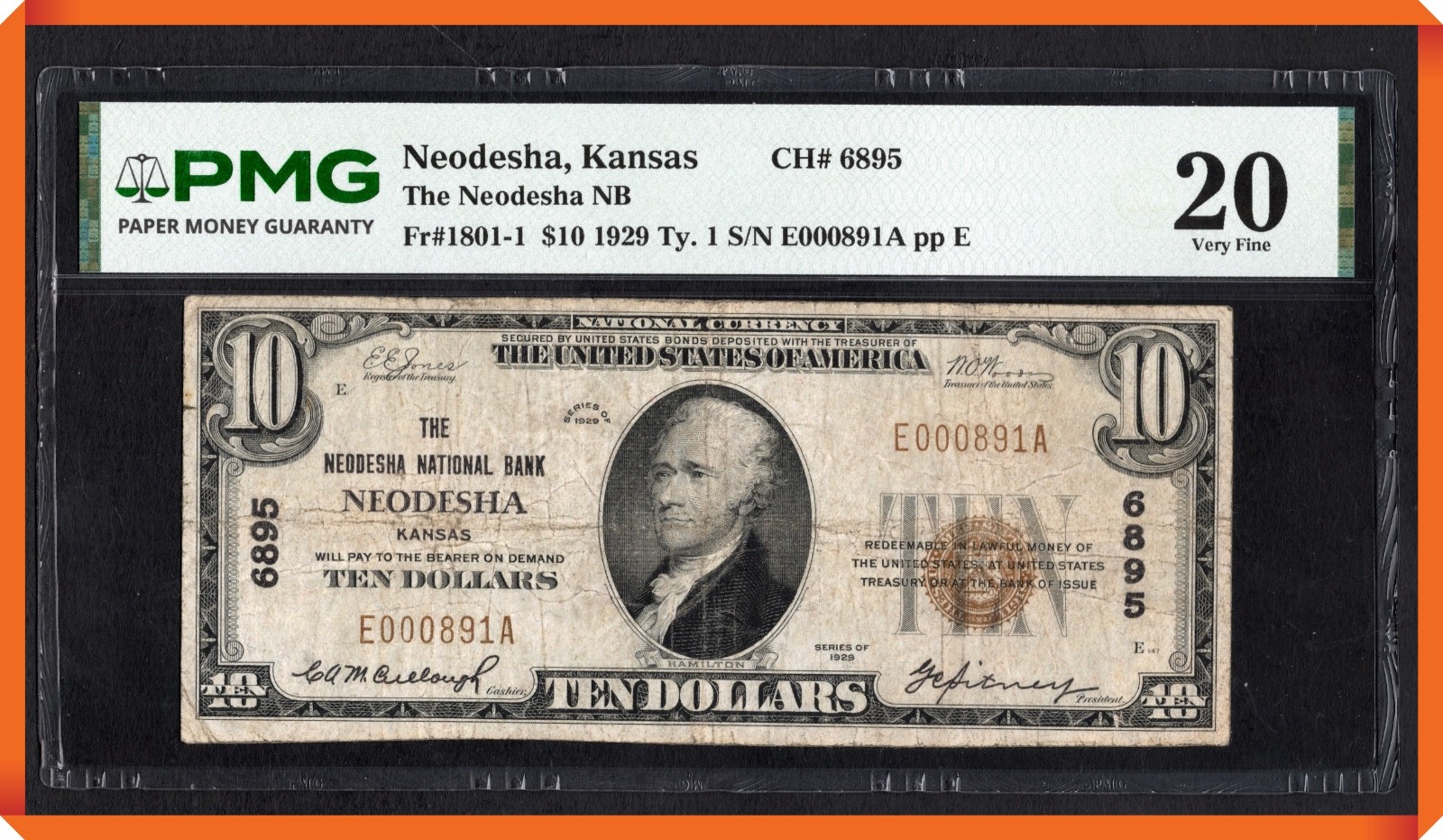 KC- Fr.1801-1 1929 $10 NB of Neodesha , Kansas - VF 20 by PMG