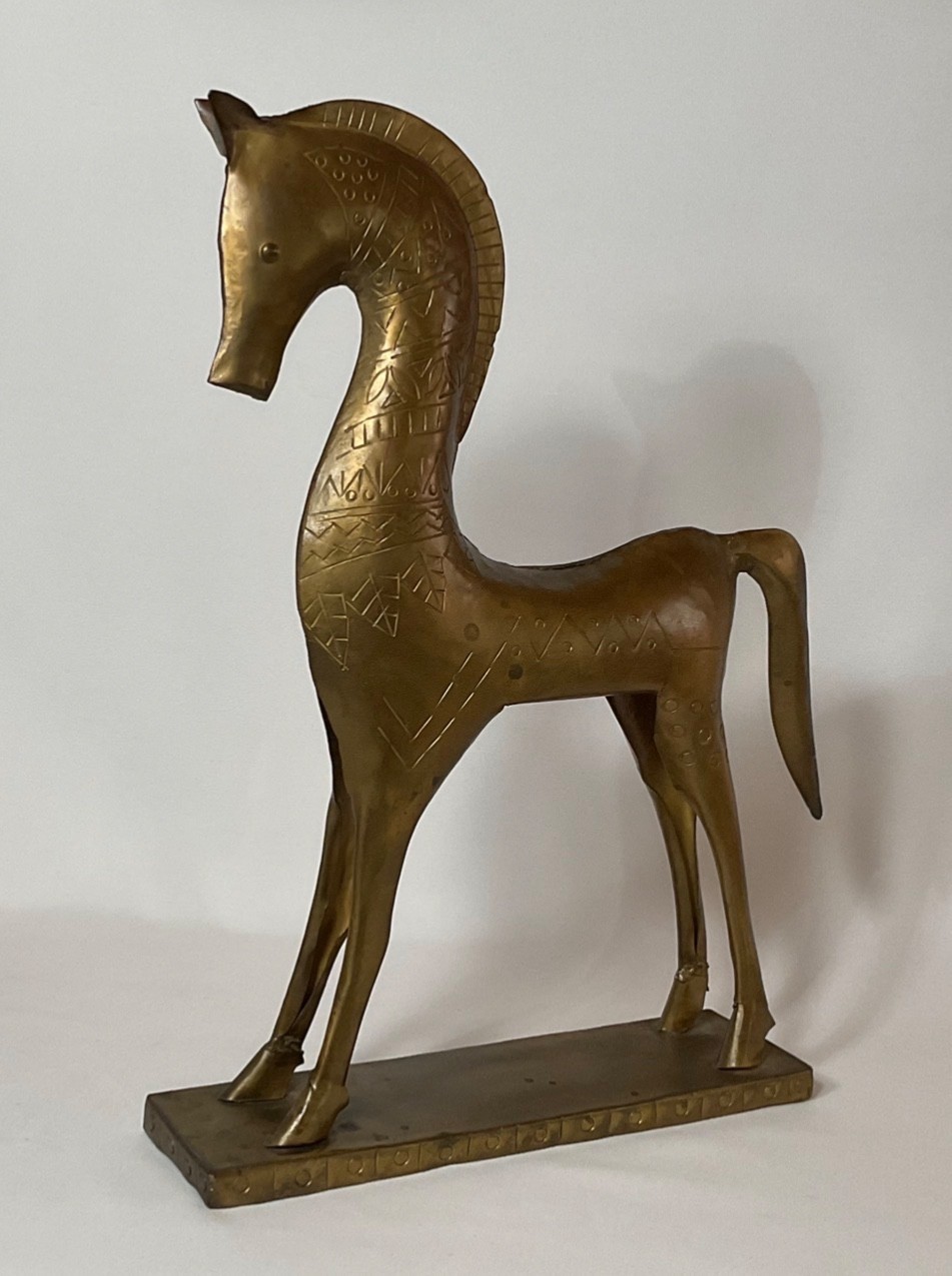 Vintage Brass Tone Metal Horse Sculpture Modernist Folk Art 15.5\