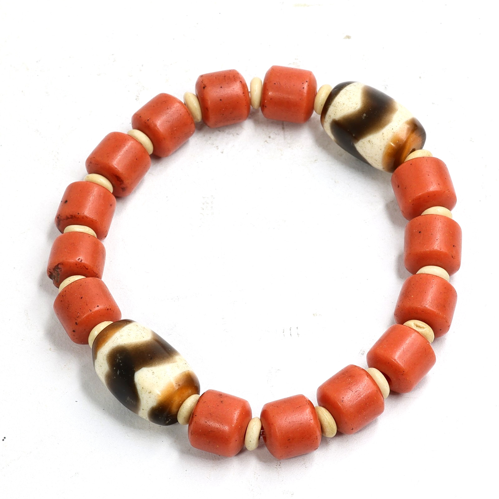 19th Antique Himalayan Tibetan Coral Red Sherpa &Tiger-Tooth Glass Bead Bracelet 19th Antique Himalayan Tibetan Coral Red Sherpa &Tiger-Tooth Glass Bead Bracelet