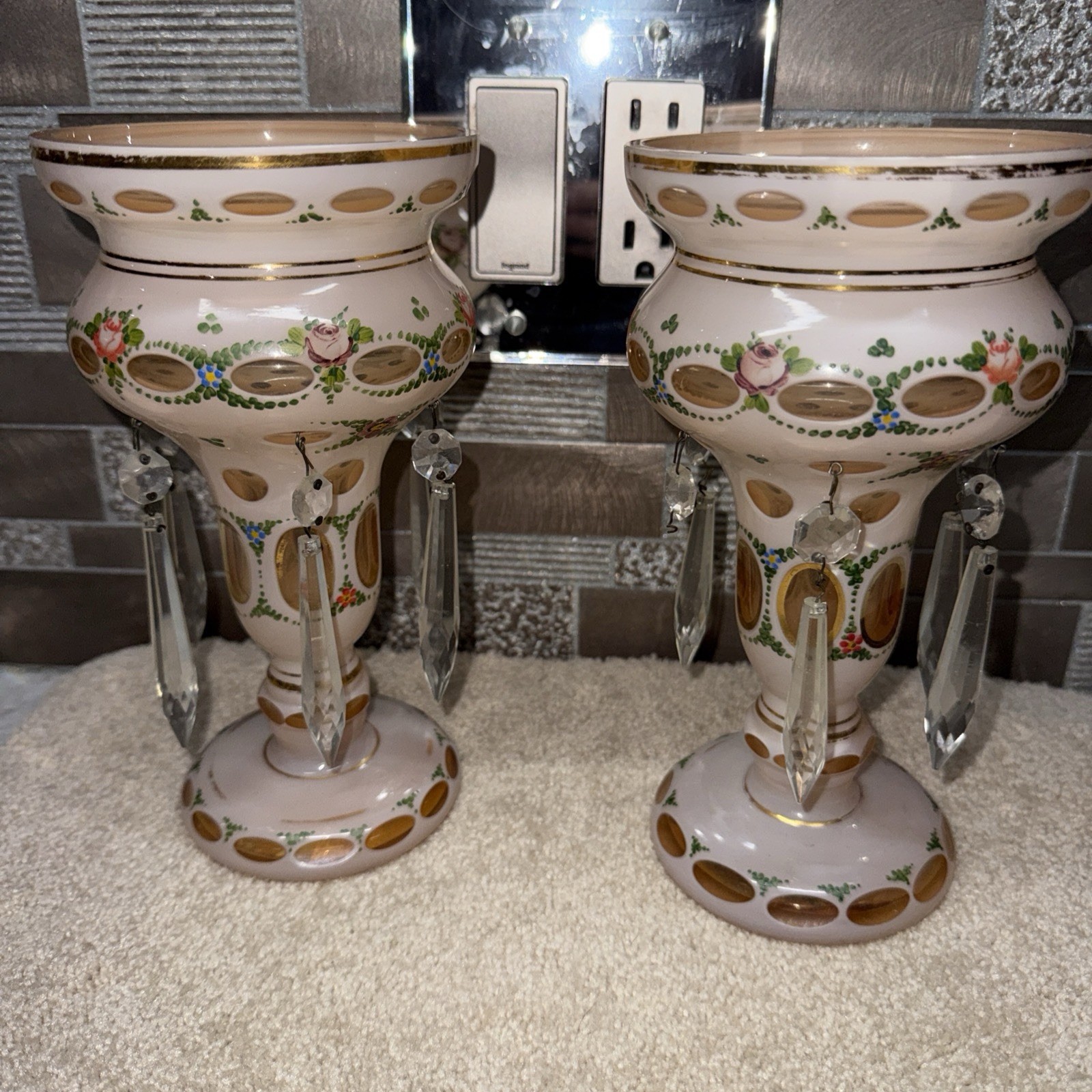 Pair Of Antique Victorian Art Glass Mantle Lusters W/ Prisms Pink Color. Pair Of Antique Victorian Art Glass Mantle Lusters W/ Prisms Pink Color.