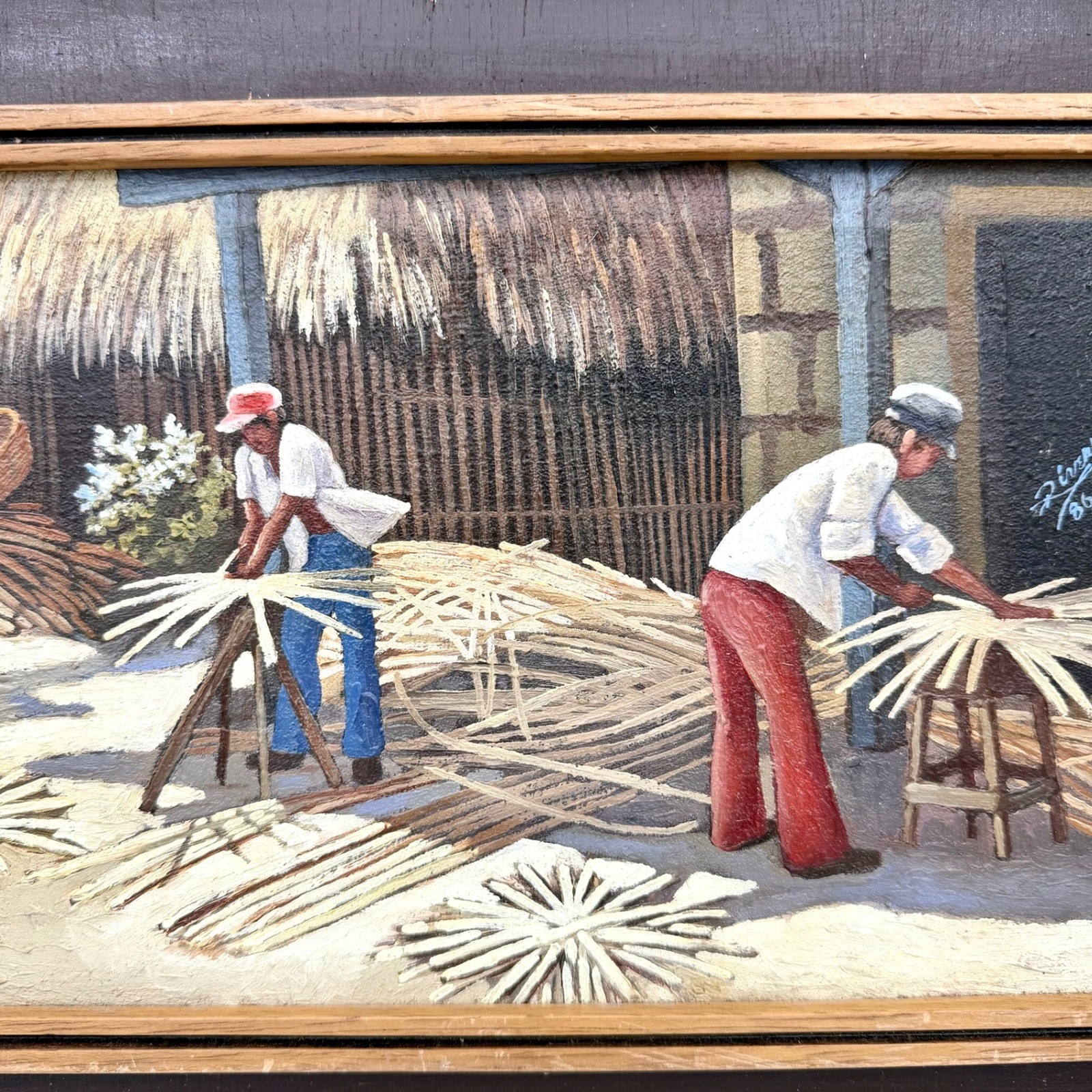 Rivera Art Painting 17x13 Wood Frame Impasto Primitive Multi 1986 Nicaragua