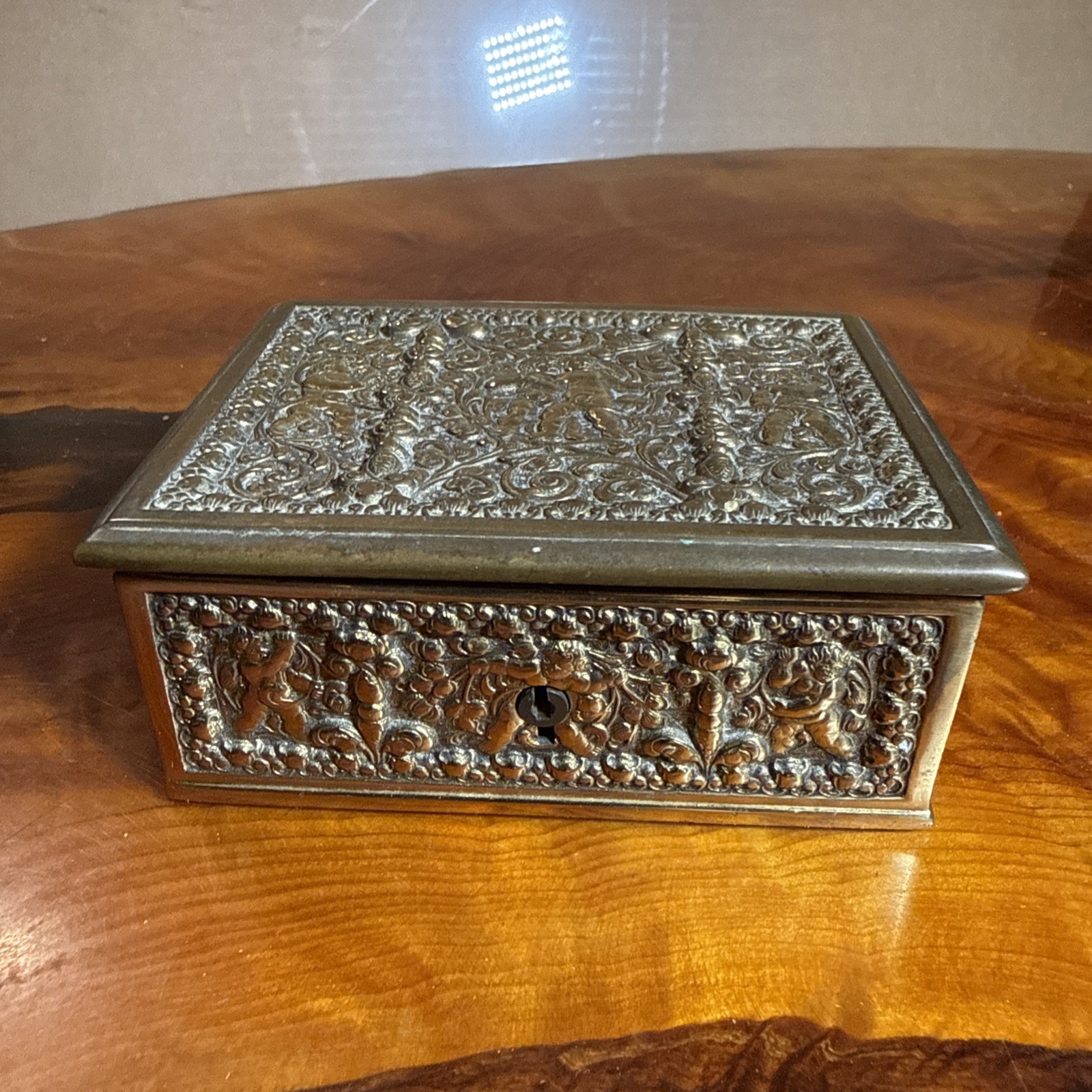 Antique German Erhard Sohne Brass Jewery Box w/ Cherub Putti - Velvet Lining