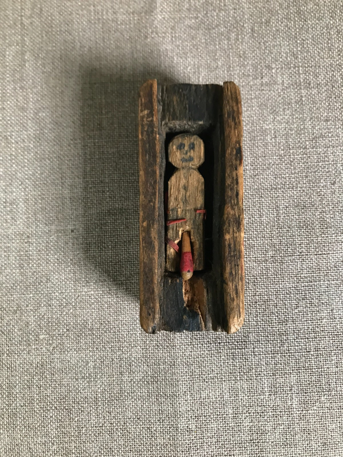 Antique Folk Art Erotic Toy, Man quietly laying in his box Box, Circa 1900
