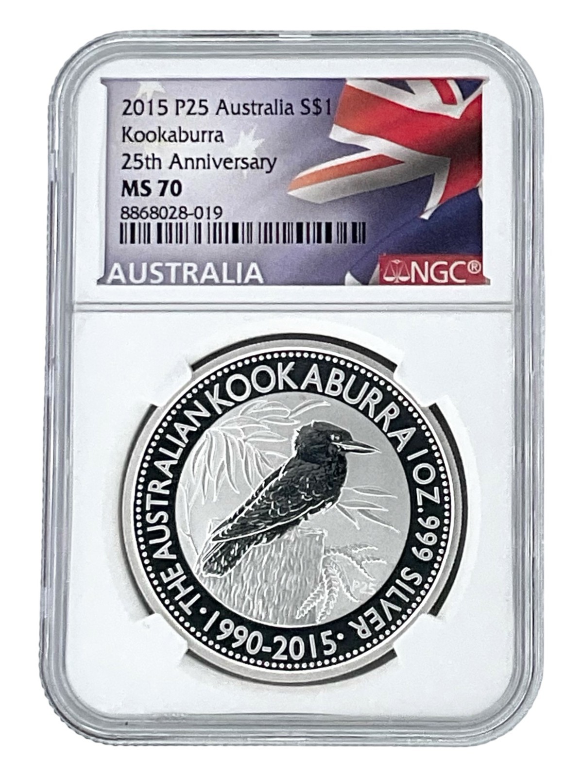 2015 Australia 1oz Silver Kookaburra 25th Anniversary NGC MS70 - Flag Label 2015 Australia 1oz Silver Kookaburra 25th Anniversary NGC MS70 - Flag Label
