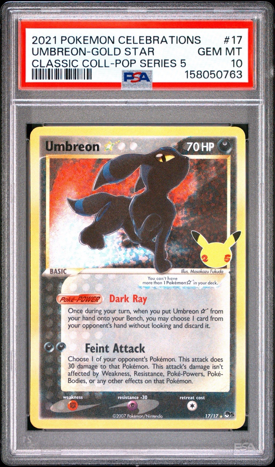 Pokemon TCG Umbreon Gold Star Holo 17/17 - 2021 Celebrations - PSA 10 - NEW CERT