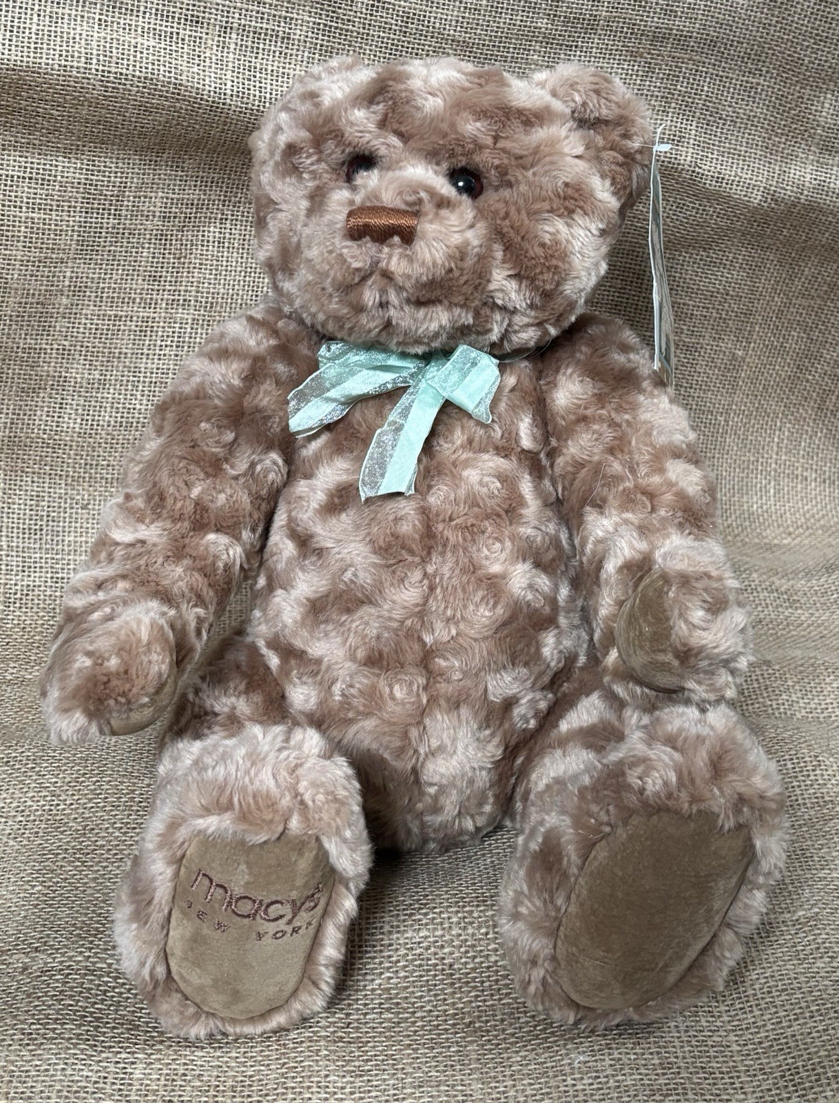 Gund Macys Jointed Teddy Bear Plush Stuffed Animal Light Brown Green Bow