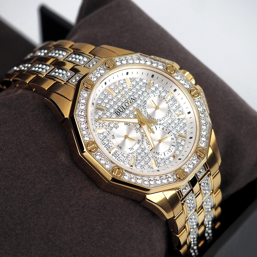 Men's Bulova Octava Crystal Gemmed Dial Gold Stainless Steel Quartz Watch 98C126