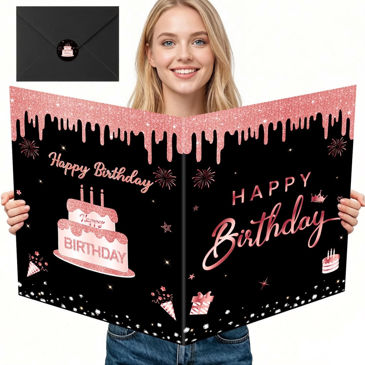 Black and Rose Gold Giant Birthday Card with Envelope, Large Happy Birthday Gues Black and Rose Gold Giant Birthday Card with Envelope, Large Happy Birthday Gues