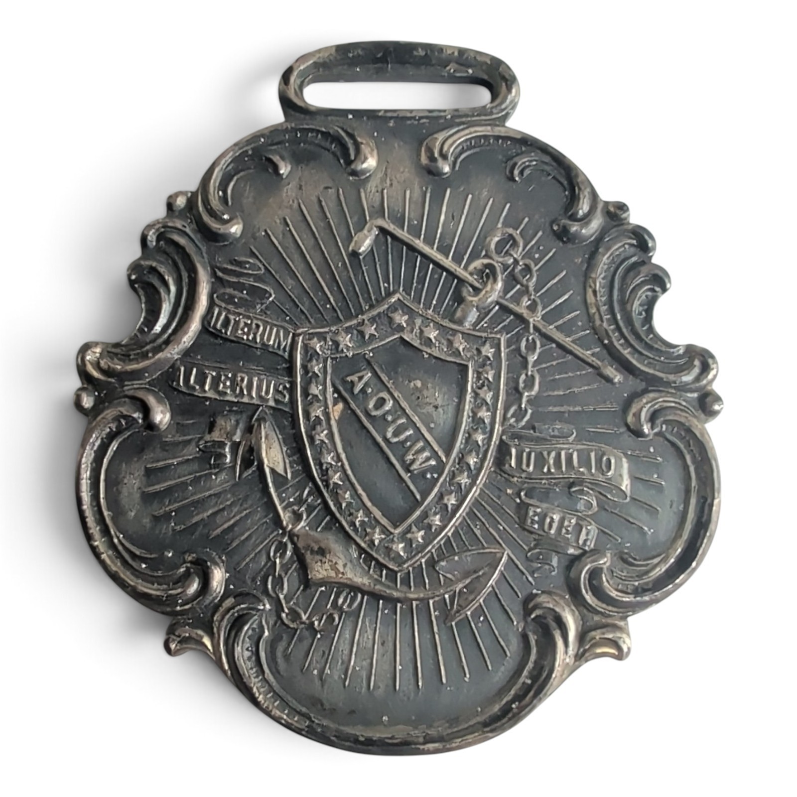 Antique AOUW Watch Fob Whitehead Hoag Fraternal Medal Alterum Alterius Auxilium