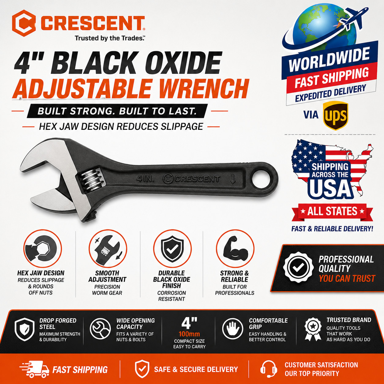 Crescent 4 in. Black Oxide Adjustable Wrench and hex jaw design reduces slippage Crescent 4 in. Black Oxide Adjustable Wrench and hex jaw design reduces slippage