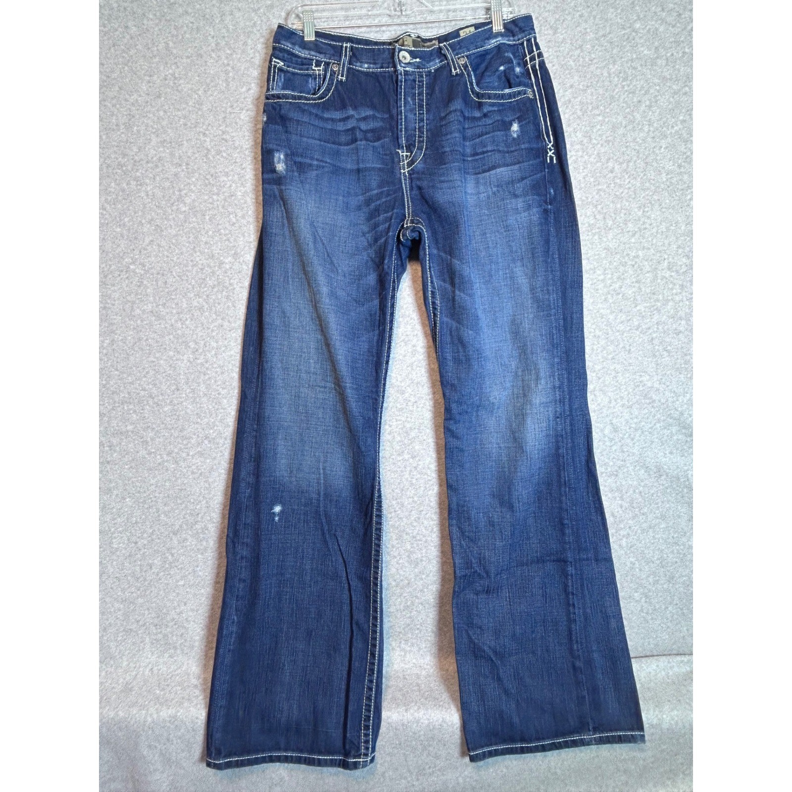 BKE Tyler Bootcut Jeans Men 34x34 Blue Button Fly Distressed Contrast Stitch Y2K
