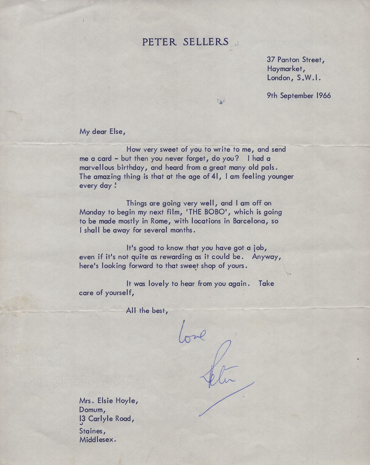 PETER SELLERS - TYPED LETTER SIGNED 09/09/1966