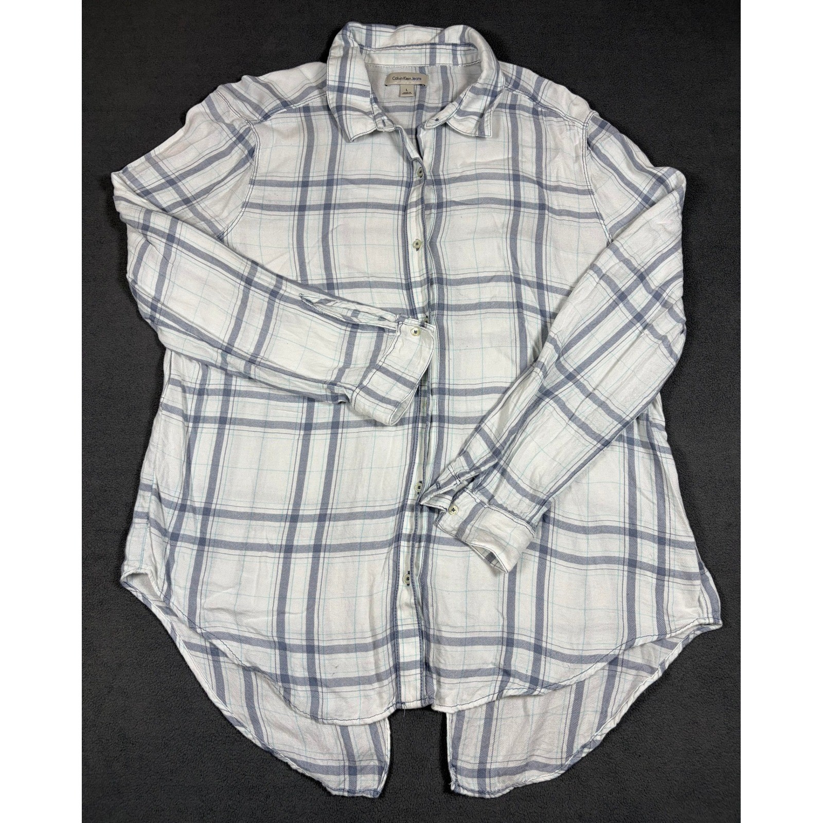 Calvin Klein Jeans Button Up Shirt Womens Large White Plaid Long Sleeve Rayon