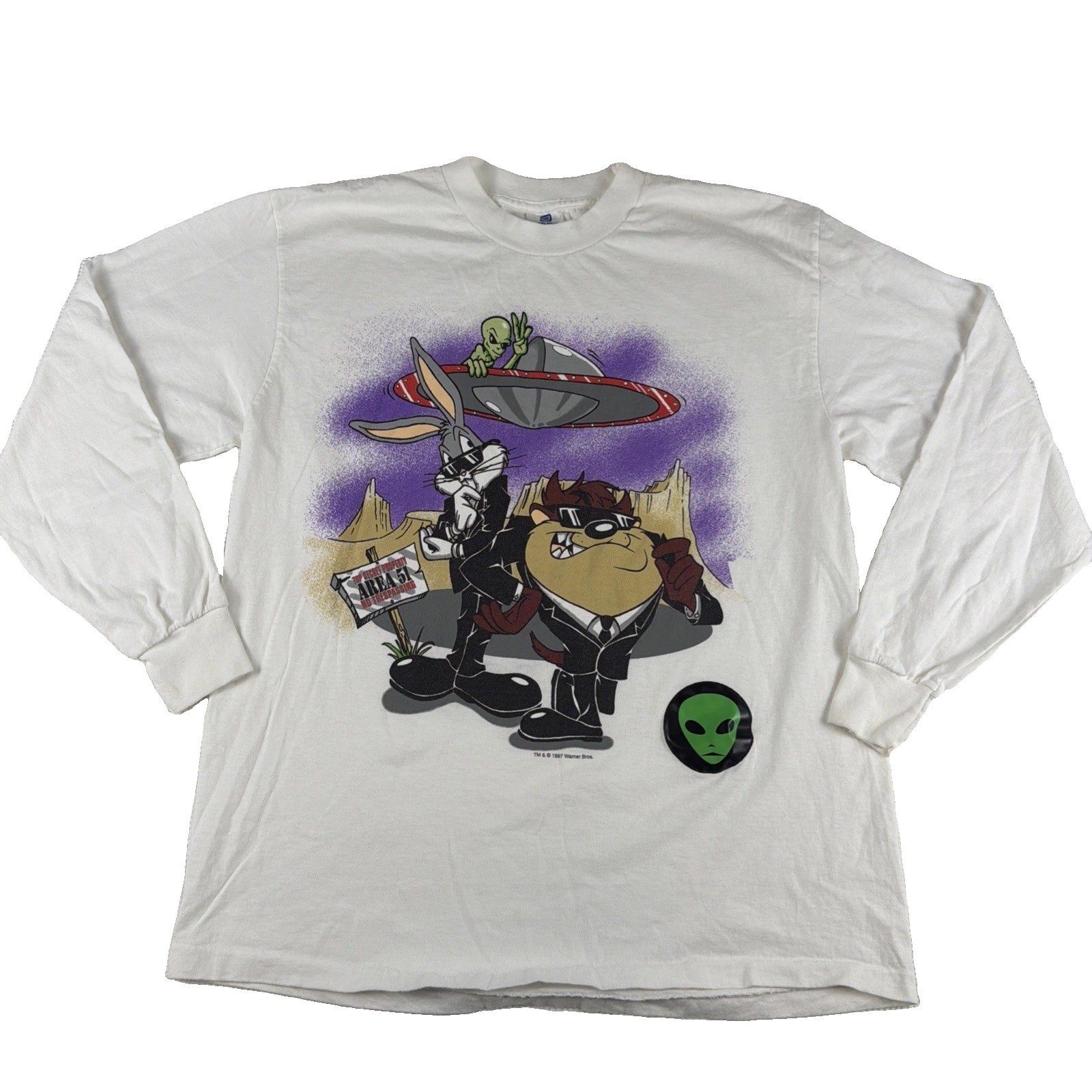 Vtg 1997 Looney Tunes Bugs Bunny Taz Alien Area51 Long Sleeve Shirt White Lg Vtg 1997 Looney Tunes Bugs Bunny Taz Alien Area51 Long Sleeve Shirt White Lg