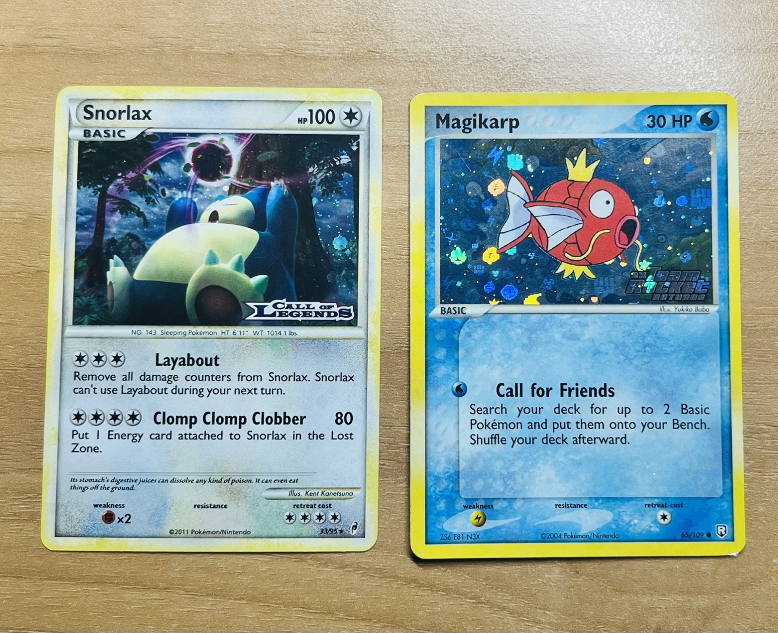 Snorlax Call of Legends 33/95 & Magikarp Ex Team Rocket Returns 65/109 - EXC/NM Snorlax Call of Legends 33/95 & Magikarp Ex Team Rocket Returns 65/109 - EXC/NM