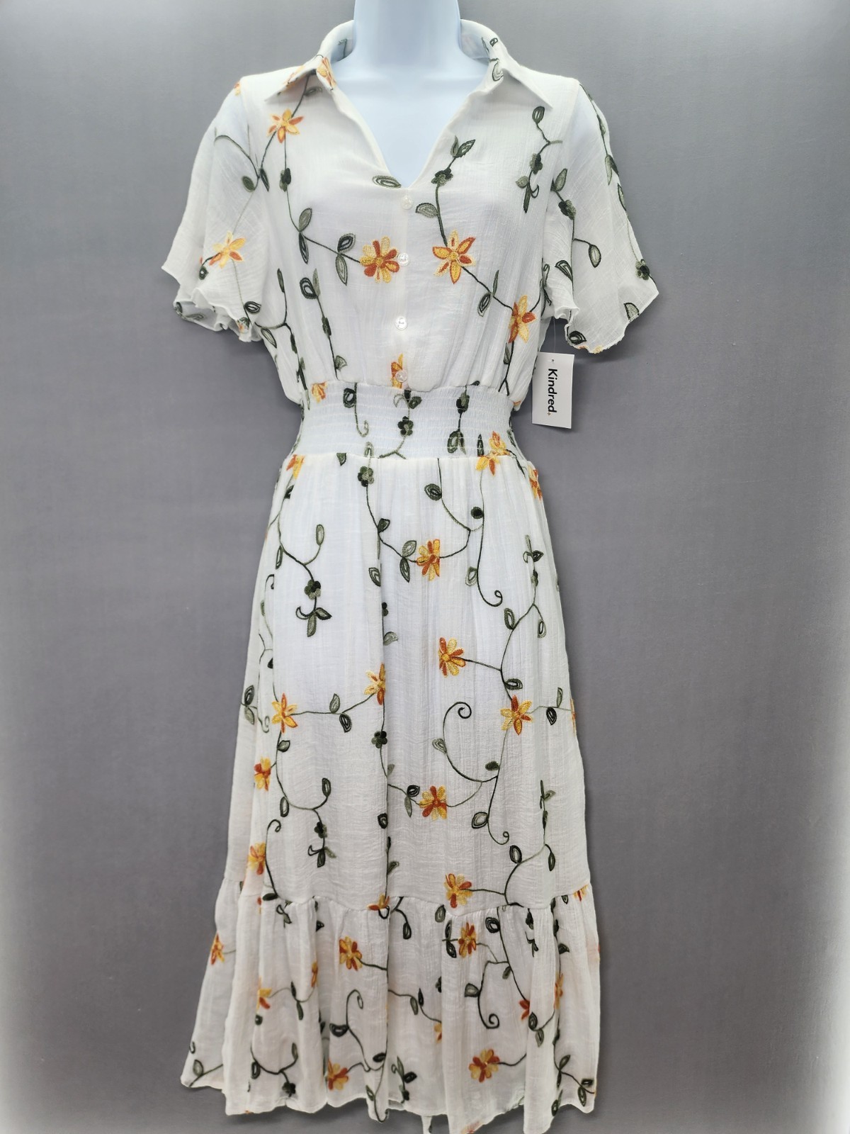 Anthropologie Kindred L White Embroidered Tiered Midi Dress Lined Cottagecore