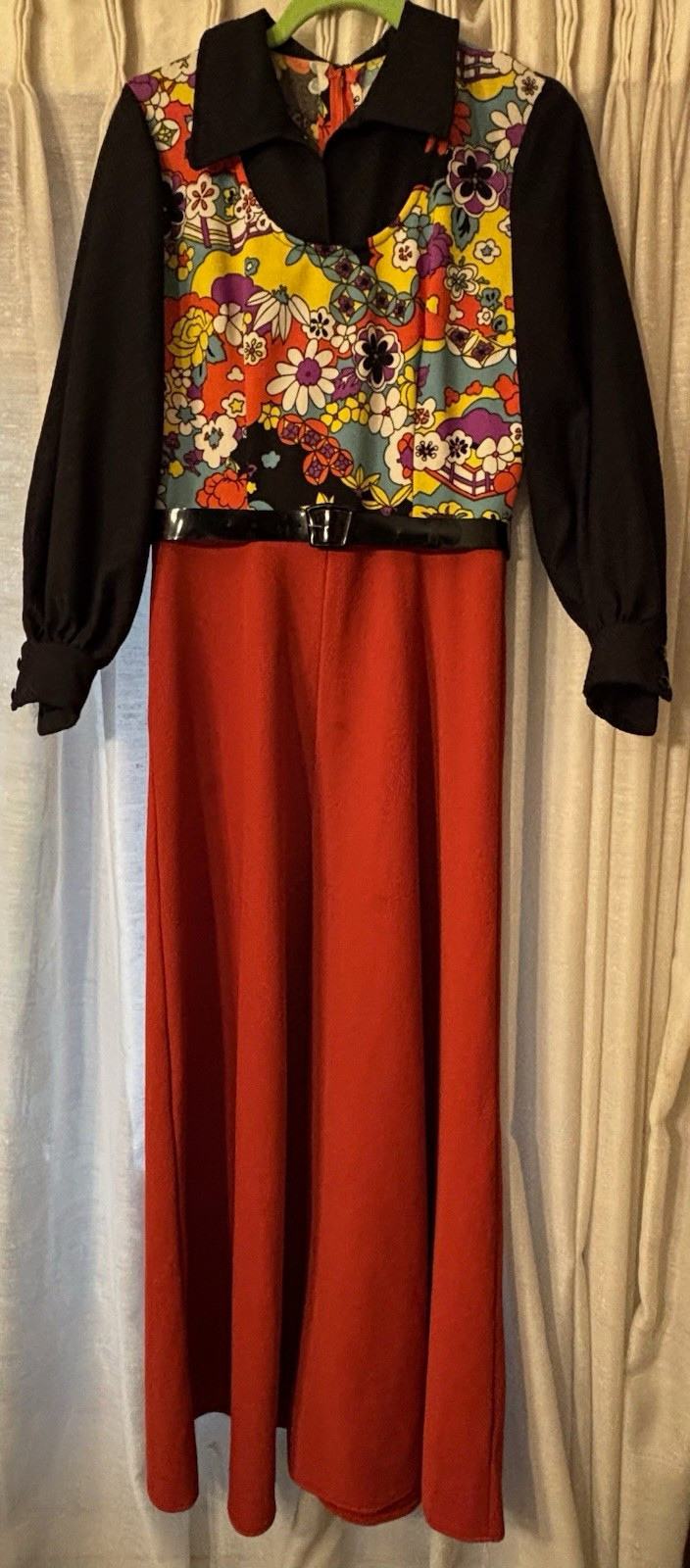 Handmade 1970s Disco Floral Long Dress Orange/Black Polyester Handmade 1970s Disco Floral Long Dress Orange/Black Polyester