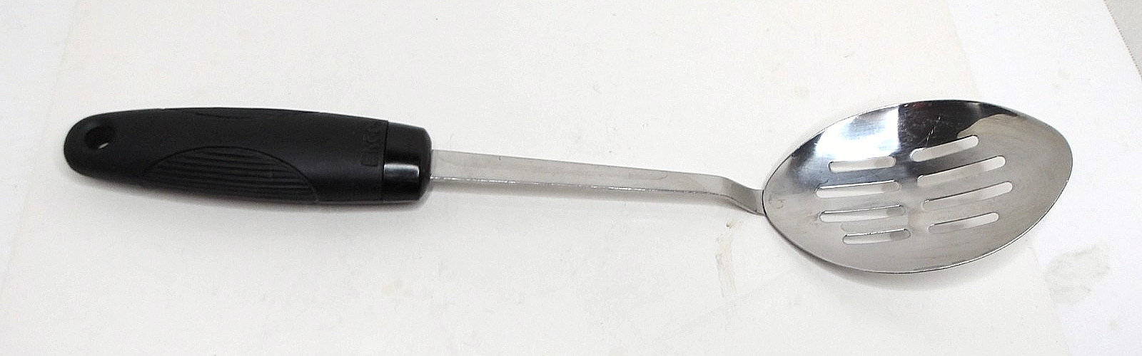 EKCO Slotted Serving Spoon, Rubber Handle, Stainless Steel,Black, Vintage, 13 in EKCO Slotted Serving Spoon, Rubber Handle, Stainless Steel,Black, Vintage, 13 in