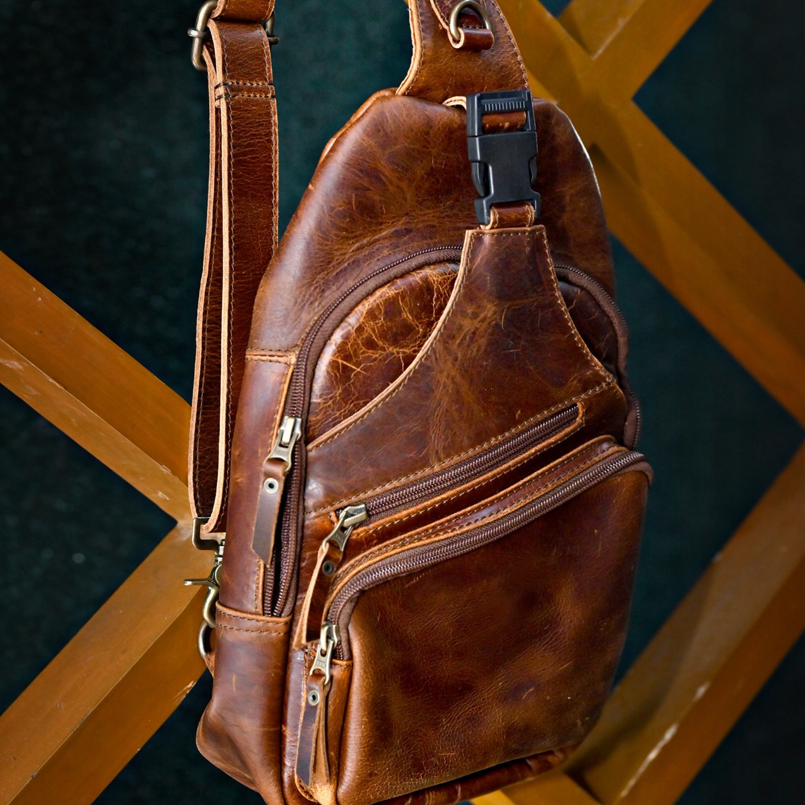 Vintage Brown Leather Sling Bag Crossbody Shoulder Bag Travel Casual