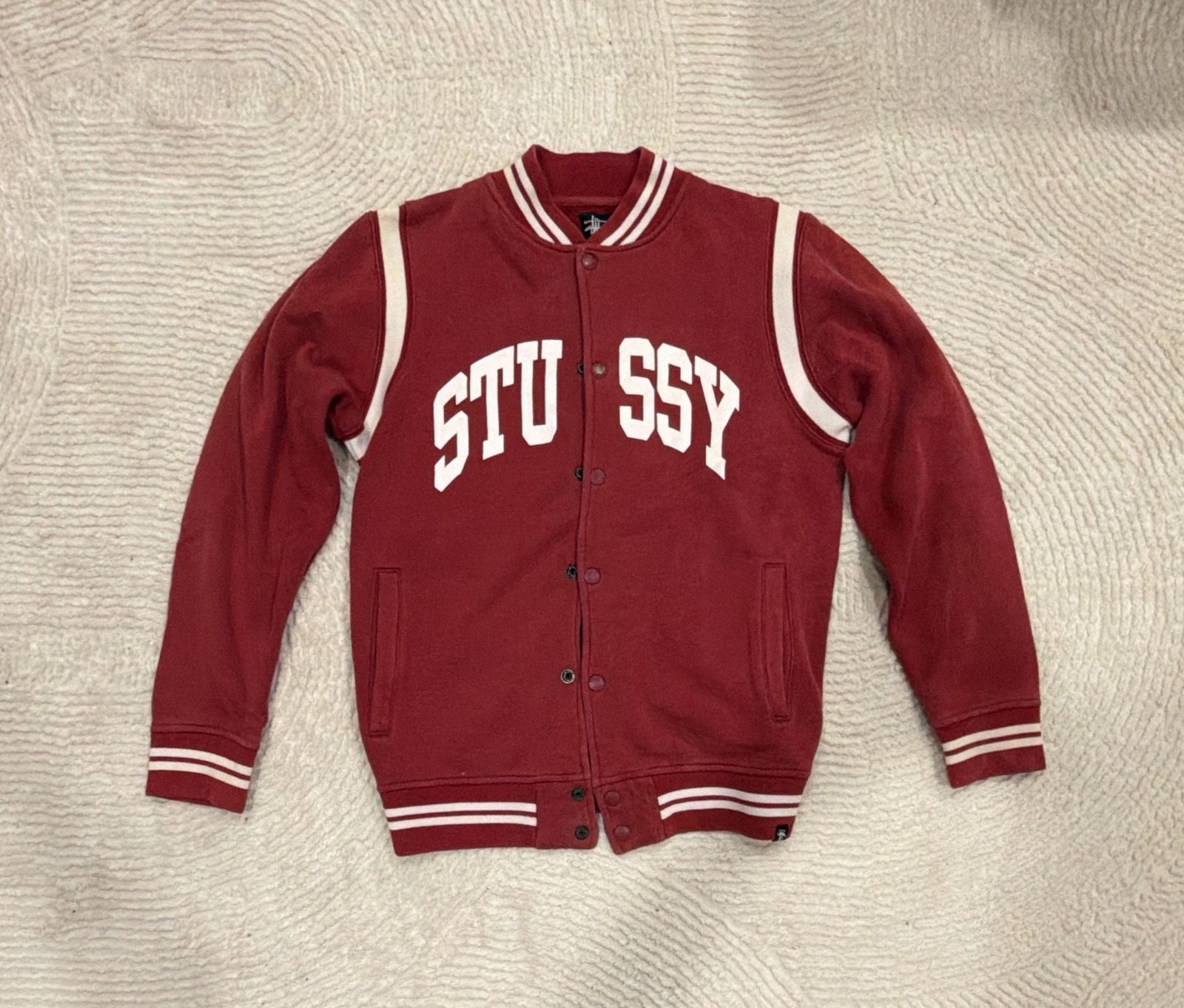 Stussy Varsity Jacket Size Medium Red Spellout Snap Front