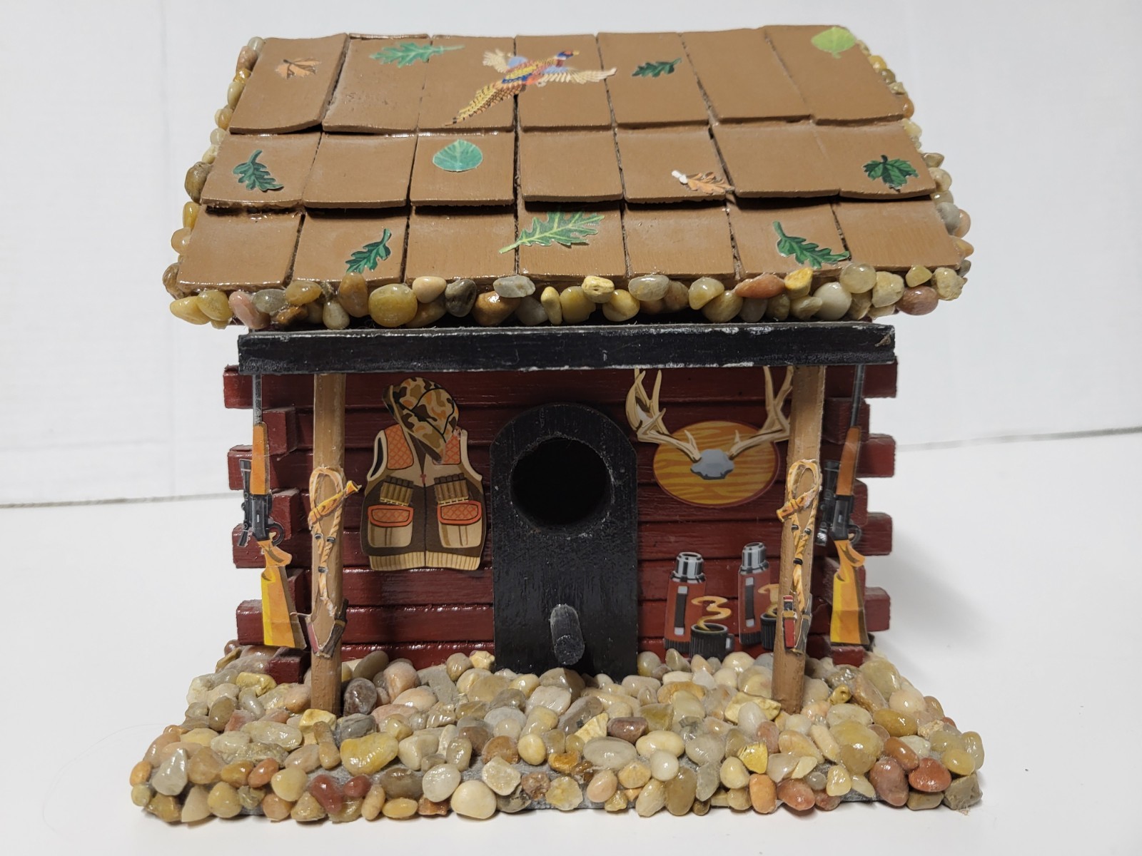 OOAK Hand Crafted Wooden Rock Hunter\'s Log Cabin Model Folk Art Birdhouse Laquer OOAK Hand Crafted Wooden Rock Hunter\'s Log Cabin Model Folk Art Birdhouse Laquer