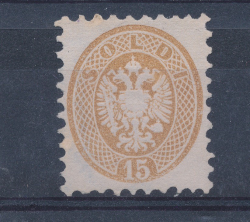 1864 LOMBARD VENETO, No. 45 - 15 Money BROWN Serrated 9 1/2, No Rubber, Signed V