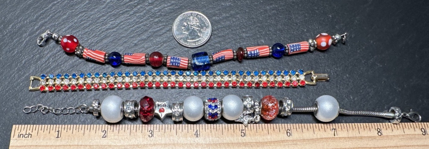 THREE DIFFERENT VINTAGE PATRIOTIC RED WHITE BLUE BRACELETS H901