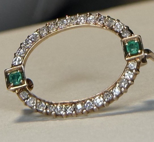 Antique Victorian 14k Yellow Gold Old Mine Cut Diamonds & Emeralds Oval Brooch Antique Victorian 14k Yellow Gold Old Mine Cut Diamonds & Emeralds Oval Brooch