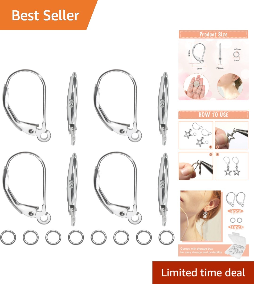 8pcs Elegant 925 Sterling Silver Leverback Earwires with Jump Rings for Jewelry